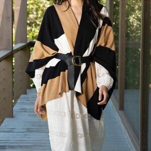 Parrish LA Stevie Color Block Poncho Black White Brown PA281 RT$148 NWT